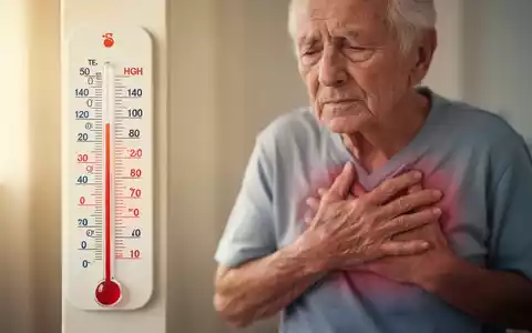 Ein Thermometer zeigt hohe Temperaturen neben einer unscharfen Darstellung einer älteren Person, die sich an die Brust fasst. - Foto: über boerse-global.de