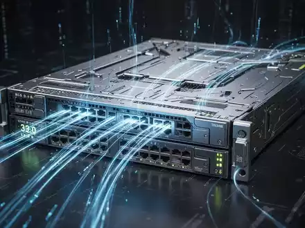 Nahaufnahme eines futuristischen Netzwerk-Switches mit leuchtenden blauen Datenströmen, die hohe Konnektivität symbolisieren. - Foto: über boerse-global.de