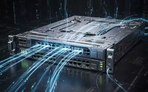Nahaufnahme eines futuristischen Netzwerk-Switches mit leuchtenden blauen Datenströmen, die hohe Konnektivität symbolisieren. - Foto: über boerse-global.de