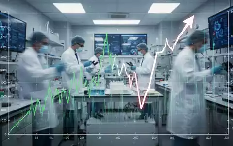 Grafik, die extreme Volatilität mit einem steilen Anstieg und Fall zeigt, vor dem Hintergrund eines Biotechnologie-Labors. - Foto: über boerse-global.de