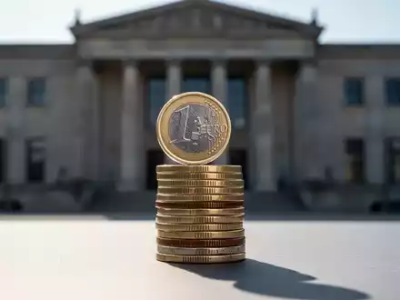 Eine einzelne Euro-Münze balanciert am Rand eines Münzstapels vor einem unscharfen Regierungsgebäude, symbolisiert finanzielle Unsicherheit. - Foto: über boerse-global.de