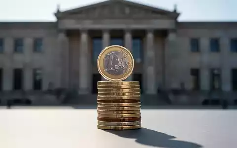 Eine einzelne Euro-Münze balanciert am Rand eines Münzstapels vor einem unscharfen Regierungsgebäude, symbolisiert finanzielle Unsicherheit. - Foto: über boerse-global.de