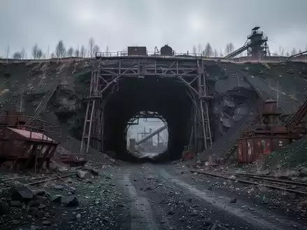 Dramatisches Bild eines verlassenen Eisenerzbergwerk-Eingangs oder einer rostigen Industrielandschaft, die einen Produktionseinbruch symbolisiert. - Foto: über boerse-global.de
