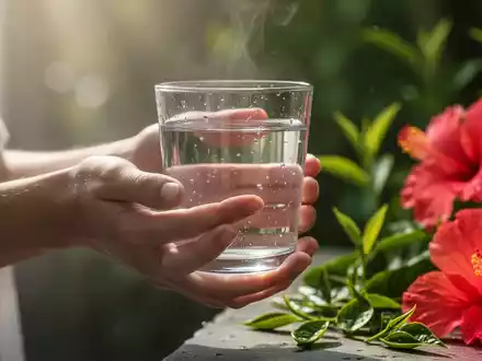 Hände halten ein Glas Wasser, im Hintergrund verschwommene grüne Teeblätter und Hibiskusblüten, die Ruhe und Hydration andeuten. - Foto: über boerse-global.de