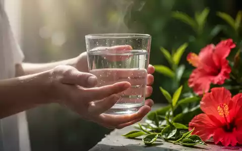 Hände halten ein Glas Wasser, im Hintergrund verschwommene grüne Teeblätter und Hibiskusblüten, die Ruhe und Hydration andeuten. - Foto: über boerse-global.de