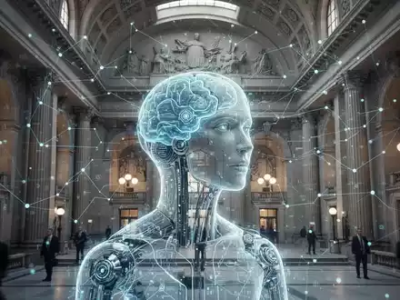 A stylized depiction of AI in a government setting, showing digital elements interacting with classical architecture. - Foto: über boerse-global.de