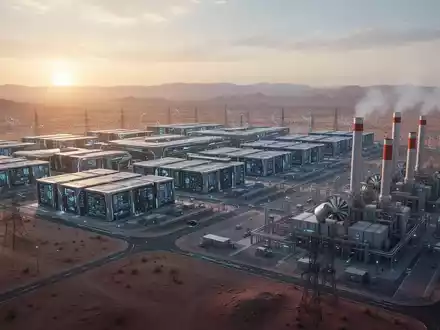 A vast, modern data center campus next to a natural gas power plant in a desert, symbolizing AI infrastructure and energy. - Foto: über boerse-global.de