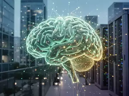 Eine stilisierte, leuchtende KI-Grafik über verschwommenen modernen Bürogebäuden, die Technologie und Geschäftswachstum symbolisiert. - Foto: über boerse-global.de