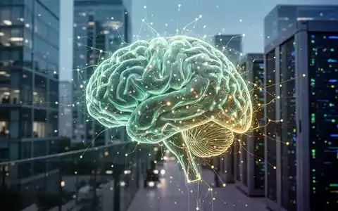Eine stilisierte, leuchtende KI-Grafik über verschwommenen modernen Bürogebäuden, die Technologie und Geschäftswachstum symbolisiert. - Foto: über boerse-global.de