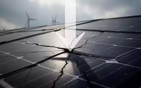 Ein beschädigtes Solarpanel mit einem subtilen Abwärtspfeil, der einen Rückgang im Bereich der erneuerbaren Energien symbolisiert. - Foto: über boerse-global.de