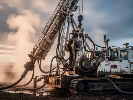Detailaufnahme einer Geothermie-Bohranlage mit aufsteigendem Dampf und schwerer Maschinerie vor dramatischem Himmel. - Foto: über boerse-global.de