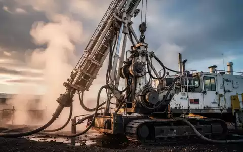 Detailaufnahme einer Geothermie-Bohranlage mit aufsteigendem Dampf und schwerer Maschinerie vor dramatischem Himmel. - Foto: über boerse-global.de