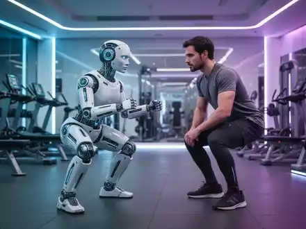 Ein schlanker, futuristischer KI-Roboter assistiert einer Person in einem modernen 24/7-Fitnessstudio und demonstriert eine Kniebeuge. - Foto: über boerse-global.de