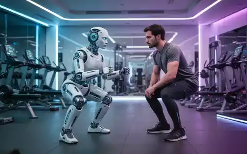 Ein schlanker, futuristischer KI-Roboter assistiert einer Person in einem modernen 24/7-Fitnessstudio und demonstriert eine Kniebeuge. - Foto: über boerse-global.de