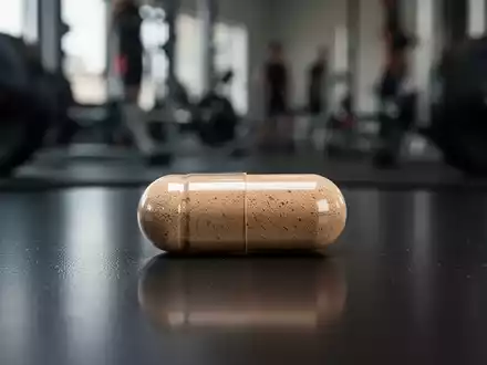 Eine Kapsel mit Berberin liegt auf einer dunklen Oberfläche, im Hintergrund verschwommenes Fitnessstudio-Equipment. - Foto: über boerse-global.de