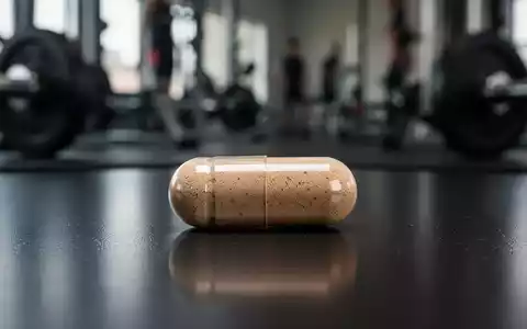 Eine Kapsel mit Berberin liegt auf einer dunklen Oberfläche, im Hintergrund verschwommenes Fitnessstudio-Equipment. - Foto: über boerse-global.de