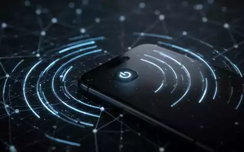 A smartphone in shadow, emitting blue data signals, with a glowing power button area, against a dark digital network grid. - Foto: über boerse-global.de