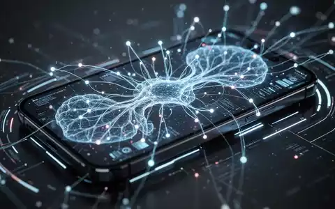 Close-up of a futuristic smartphone screen showing an abstract digital neural network with glowing connections, symbolizing AI integration. - Foto: über boerse-global.de