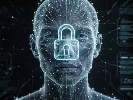 A digital face with biometric data and a padlock, symbolizing identity verification and data security in AI platforms. - Foto: über boerse-global.de