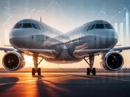 Ein modernes Passagierflugzeug auf einem Rollfeld bei Sonnenaufgang, mit subtilen Finanzdaten-Overlays im Hintergrund. - Foto: über boerse-global.de