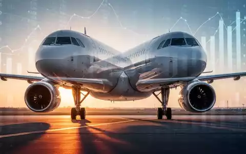 Ein modernes Passagierflugzeug auf einem Rollfeld bei Sonnenaufgang, mit subtilen Finanzdaten-Overlays im Hintergrund. - Foto: über boerse-global.de
