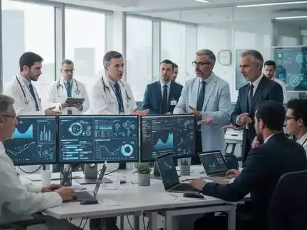 Eine Gruppe von Fachleuten, darunter Ärzte und Technologieexperten, arbeitet in einem modernen Büro und diskutiert Gehaltsentwicklungen. - Foto: über boerse-global.de