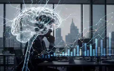 Eine stilisierte Darstellung eines leuchtenden Gehirns über der Silhouette eines nachdenklichen Managers in einem modernen Büro. - Foto: über boerse-global.de