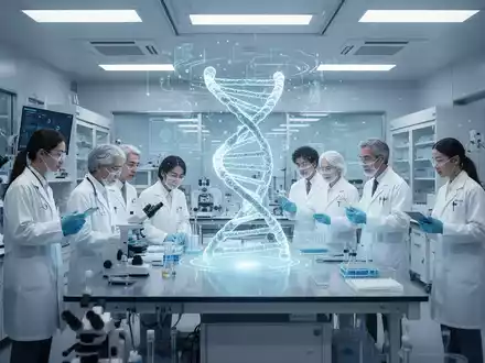 Ein modernes japanisches Forschungslabor mit Wissenschaftlern, die an einer holografischen DNA-Anzeige arbeiten. - Foto: über boerse-global.de