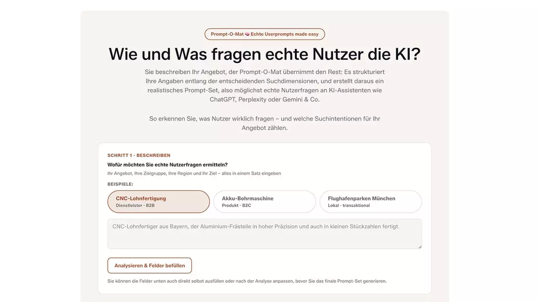 Prompt-O-Mat: das kostenlose Tool zeigt, wie Kunden KI wirklich fragen / Neues Werkzeug generiert realistische Zero-Shot-Prompts für ChatGPT, Perplexity und Google AI Overviews - Bild: presseportal.de
