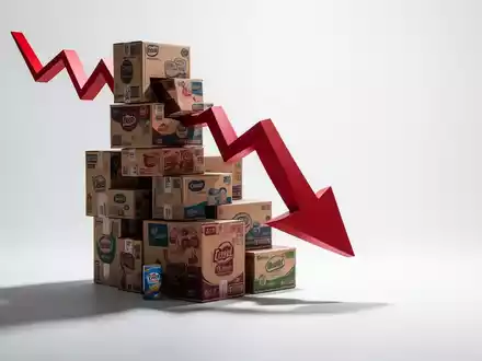 Ein roter, nach unten zeigender Pfeil durchdringt einen Stapel von Produktboxen, der einen Rückgang symbolisiert. - Foto: über boerse-global.de