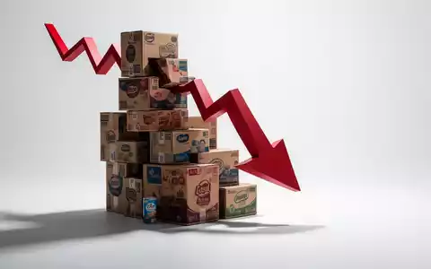 Ein roter, nach unten zeigender Pfeil durchdringt einen Stapel von Produktboxen, der einen Rückgang symbolisiert. - Foto: über boerse-global.de