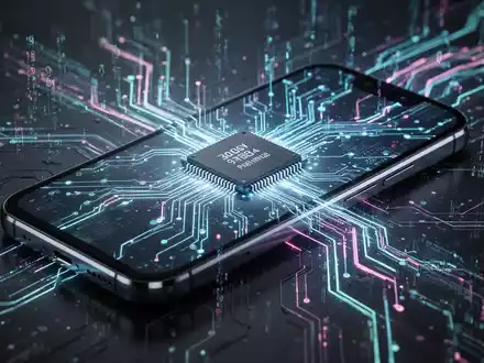 A stylized smartphone with internal components visible, glowing lines of data, and a prominent microchip, symbolizing advanced mobile technology. - Foto: über boerse-global.de