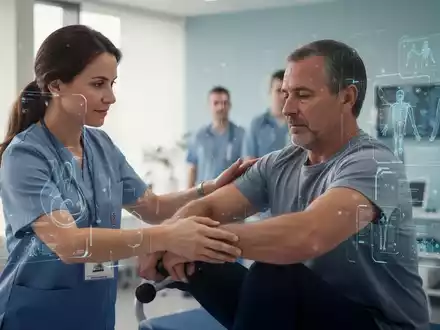 Eine Physiotherapeutin unterstützt einen Patienten bei einer therapeutischen Übung, im Hintergrund angedeutet eine moderne Klinik. - Foto: über boerse-global.de