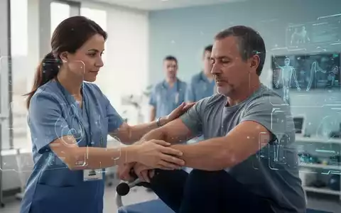 Eine Physiotherapeutin unterstützt einen Patienten bei einer therapeutischen Übung, im Hintergrund angedeutet eine moderne Klinik. - Foto: über boerse-global.de