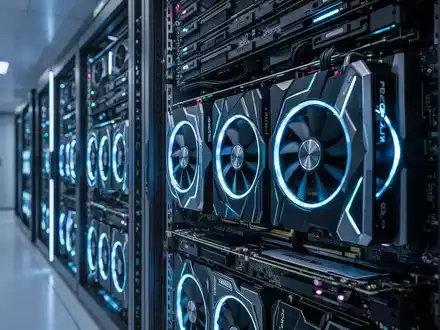 Ein moderner Server-Rack gefüllt mit leuchtenden, hochleistungsfähigen GPUs in einem futuristischen Rechenzentrum. - Foto: über boerse-global.de