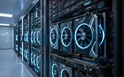Ein moderner Server-Rack gefüllt mit leuchtenden, hochleistungsfähigen GPUs in einem futuristischen Rechenzentrum. - Foto: über boerse-global.de
