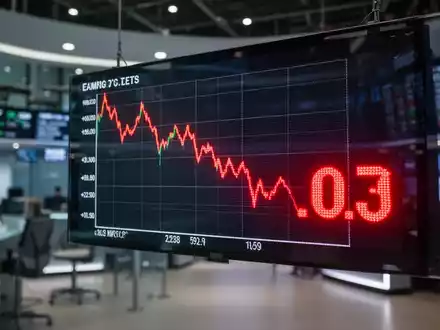 Ein Börsenticker zeigt einen starken Kursrückgang mit einer sehr niedrigen roten Zahl vor einem verschwommenen Handelssaal. - Foto: über boerse-global.de