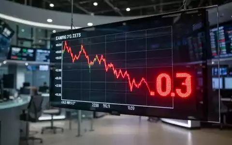 Ein Börsenticker zeigt einen starken Kursrückgang mit einer sehr niedrigen roten Zahl vor einem verschwommenen Handelssaal. - Foto: über boerse-global.de
