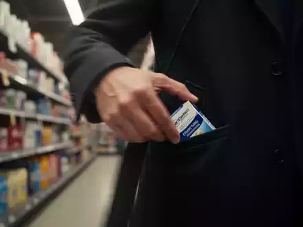 Eine unscharfe Hand, die diskret ein Produkt in eine Manteltasche in einem Einzelhandelsgang gleiten lässt, symbolisiert Ladendiebstahl. - Foto: über boerse-global.de