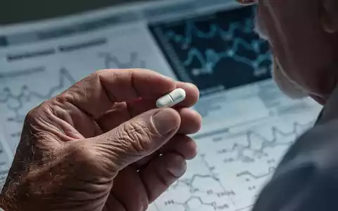 Eine ältere Hand hält eine Pille, im unscharfen Hintergrund sind medizinische Diagramme und Daten erkennbar. - Foto: über boerse-global.de