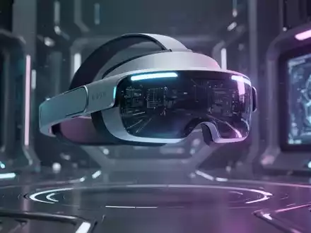 A sleek, futuristic mixed-reality headset with blue and purple light reflecting on its surface, set against a dark, high-tech background. - Foto: über boerse-global.de