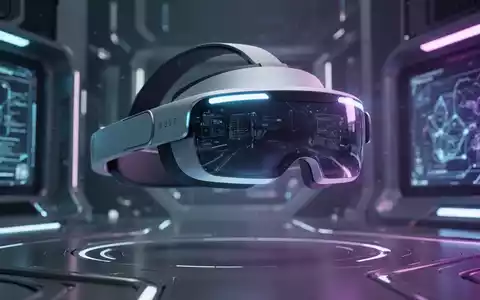 A sleek, futuristic mixed-reality headset with blue and purple light reflecting on its surface, set against a dark, high-tech background. - Foto: über boerse-global.de