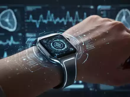 Ein schlankes, futuristisches Wearable am Handgelenk einer Person, das subtil mit Datenvisualisierungen leuchtet. - Foto: über boerse-global.de