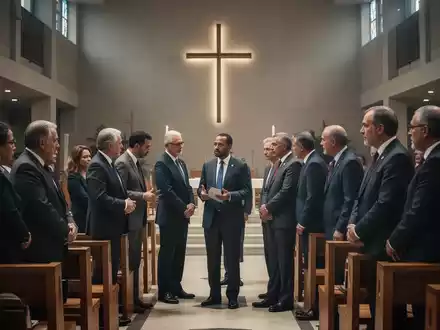 Eine Gruppe von Personen in formeller Kleidung diskutiert in einem modernen Kirchenraum, der Governance und Arbeit symbolisiert. - Foto: über boerse-global.de