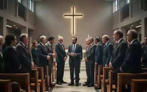 Eine Gruppe von Personen in formeller Kleidung diskutiert in einem modernen Kirchenraum, der Governance und Arbeit symbolisiert. - Foto: über boerse-global.de