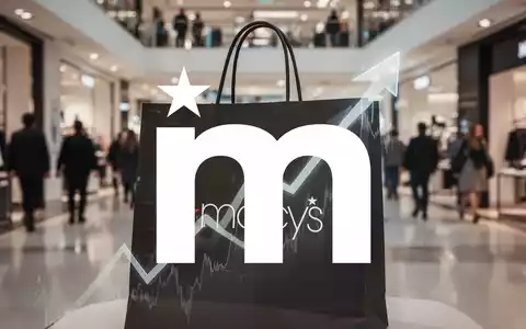 Eine Macy's Einkaufstasche mit einem subtilen Aufwärtspfeil, der steigende Aktienkurse symbolisiert, vor einem verschwommenen Kaufhaus. - Foto: über boerse-global.de