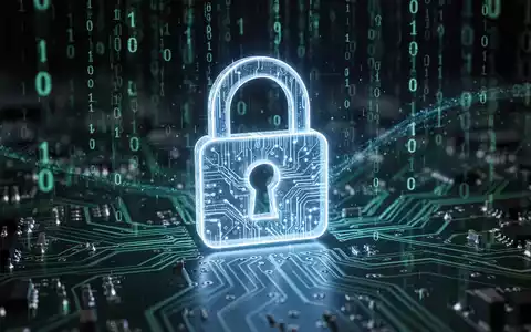 Ein glühendes digitales Vorhängeschloss-Symbol über einer Leiterplatte mit binärem Code im Hintergrund, das Cybersicherheit darstellt. - Foto: über boerse-global.de