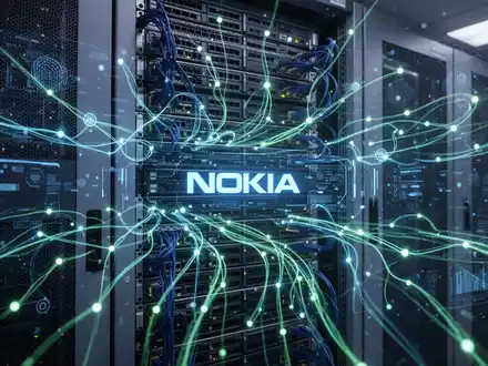 A futuristic data center with server racks and glowing blue and green network data visualizations, symbolizing AI integration. - Foto: über boerse-global.de
