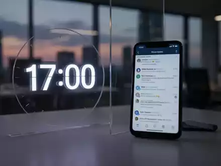 Eine stilisierte, leuchtende Digitaluhr, die 17:00 Uhr anzeigt, getrennt von einem Smartphone mit Arbeits-E-Mails, im Hintergrund ein Büro. - Foto: über boerse-global.de