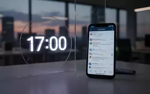 Eine stilisierte, leuchtende Digitaluhr, die 17:00 Uhr anzeigt, getrennt von einem Smartphone mit Arbeits-E-Mails, im Hintergrund ein Büro. - Foto: über boerse-global.de